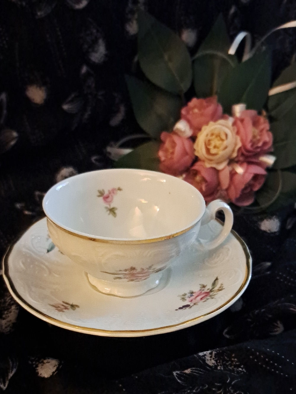 Vintage Elegant White China Teacup and Saucer with Pink Rose Motif